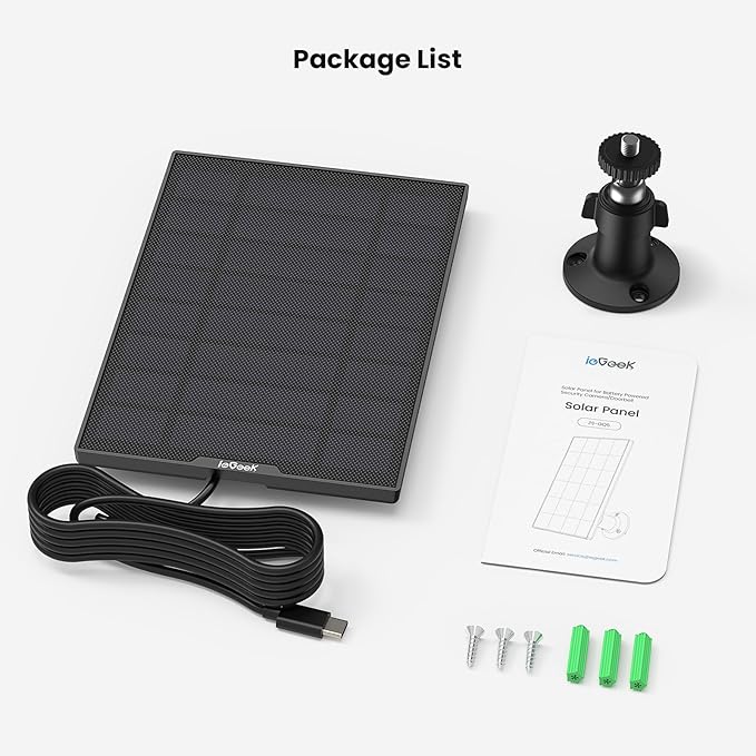 ieGeek Solar Panel for Wireless Outdoor Security Camera, Compatible with DC 5V Rechargeable Battery Powered Surveillance Cam,5V 1A 3W Type C Port, 9.5ft Cable, Adjustable Mounting Bracket(No Camera)