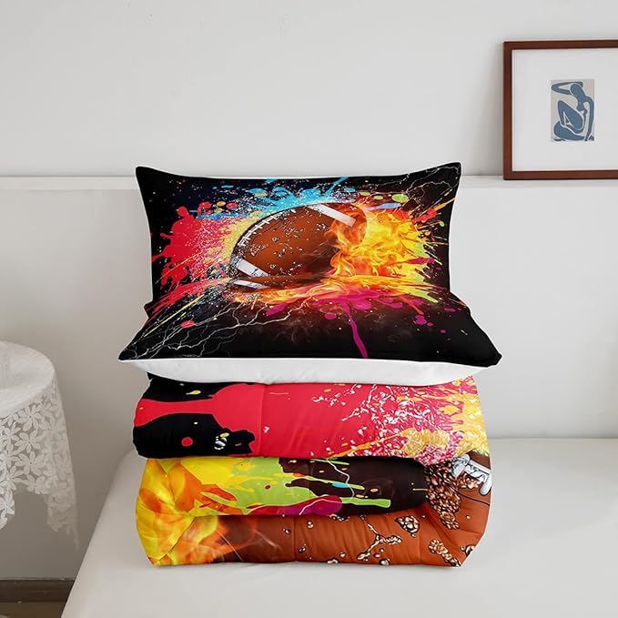 Erosebridal Football Comforter Set for Teen Boys Kids Hippie Tie Dye Sports Football Bedding Sets Rugby Bed Quilt Set Queen Size 1 Comforter and 2 Pillow Cases Colorful Sport Theme Bedroom Decor