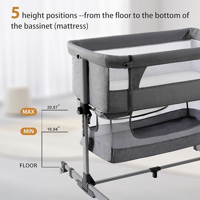 Baby Crib,3 in 1 Baby Bassinet Bedside Crib Adjustable Portable Bed for Infant,Baby Newborn Must Have Bed,Grey