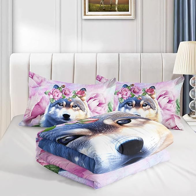 Wolf Comforter Set Tie Dye Wolf Bedding Set for Kids Teens Room Decor Romantic Pink Rose Wild Animals Comforter with 2 Pillowcases