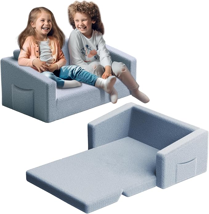 Extra Wide 2 Seater Kids Couch, 2-in-1 Toddler Chairs for Boys & Girls, Kids Sofa with Storage, Comfortable Mini Couch for Kids, Fun Kids Lounge Chair, Toddler Furniture,Children's Gifts(Grey)