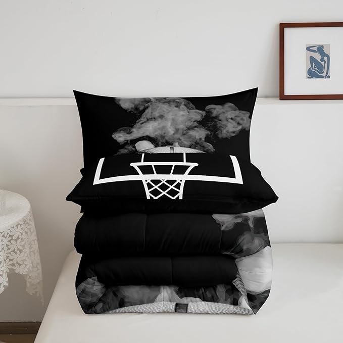 Erosebridal Basketball Comforter Set for Boys Teen Queen Size Sports Basketball Bedding Set Basketball Room Decor Reversible Black Down Comforter Grey Hippie Smoke Quilt Duvet Insert 2 Pillow Case