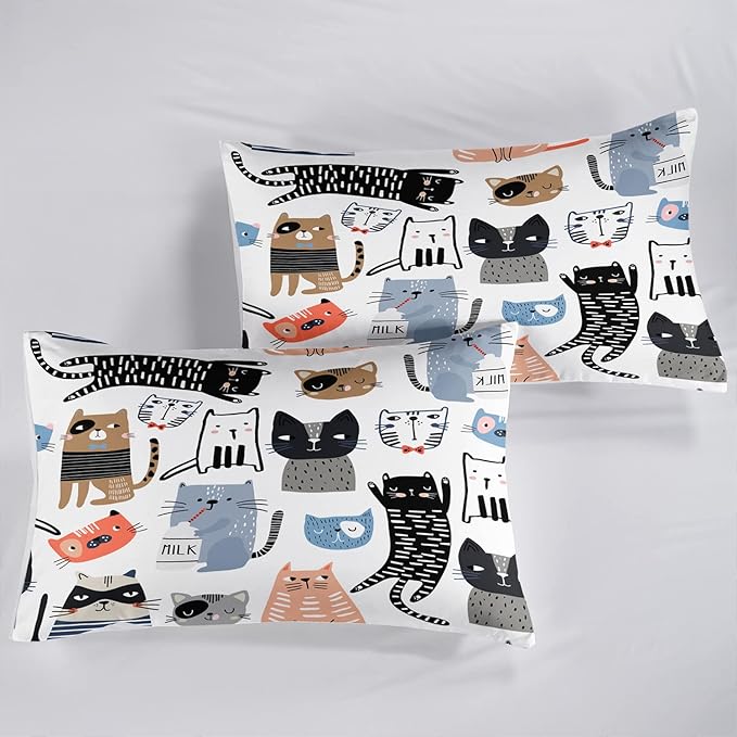CVHOUSE Cat Bedding,Cartoon Cat Comforter King,Animals Print Comforter Set for Kids,Kawaii Quilt Set with 1 Comforter and 2 Pillow Cases
