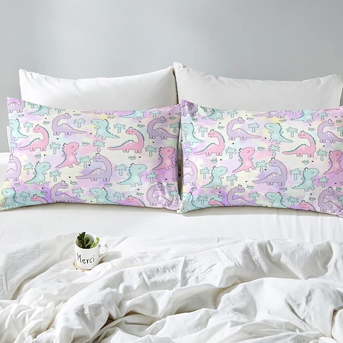Erosebridal Dinosaur Comforter Set Queen Size, Kawaii Dinosaur Bedding Sets for Kids Girls Boys Gift Bedroom Decor, Cartoon Cute Animals Duvet Set,Palm Leaf Down Comforter, Green Purple Pink