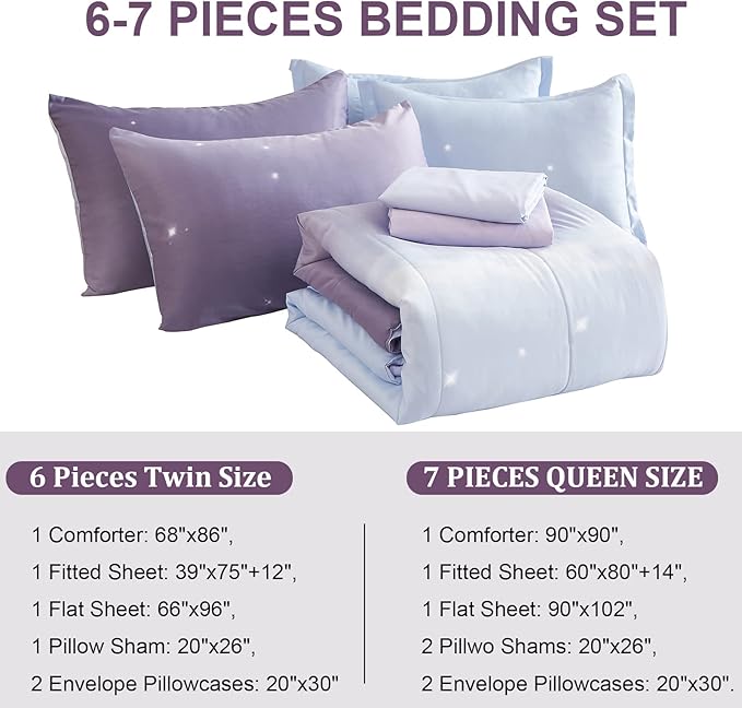 Girls Comforter Set Twin Size 6 Pieces Colorful Ombre Purple Rainbow Bedding Set Bed in A Bag for Kids Teen Girls (1 Comforter, 1 Flat Sheet, 1 Fitted Sheet, 1 Pillow sham, 2 Pillowcases)