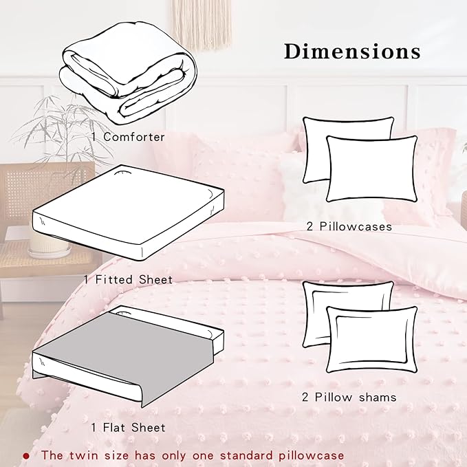 7 Pieces Tufted Dots Bed in a Bag King Comforter Set with Sheets Pink , Soft and Embroidery Shabby Chic Boho Comforters, Solid Color with Pom Pom Design, Jacquard Tufts Bedding Set for All Season