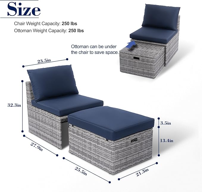 BACKYARD EXPRESSIONS PATIO · HOME · GARDEN w Backyard Expressions 2 Pc. Outdoor Conversation Chair Set with Storage and Ottoman, 250lb Weight Capacity, Navy Blue/Grey Wicker