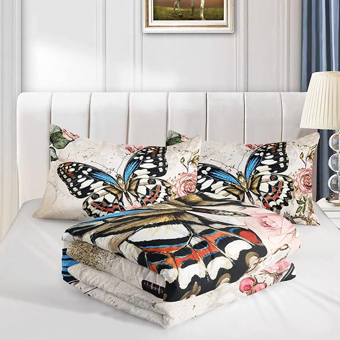 Butterfly Comforter Set for Girls Kids Adults Butterfly Rose Bedding Set Aesthetics Butterflies Quilt Duvet Set Twin Size with 1 Comforter and 2 Pillowcases