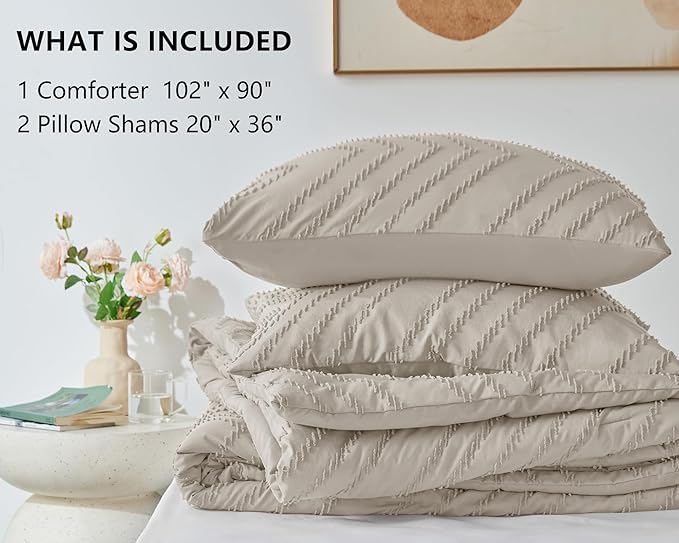 CozyLux King Size Comforter Set Beige - 3 Pieces Boho Tufted Shabby Chic Bedding Comforter Set for All Seasons, Chevron Bedding Sets with Comforter & 2 Pillow Shams