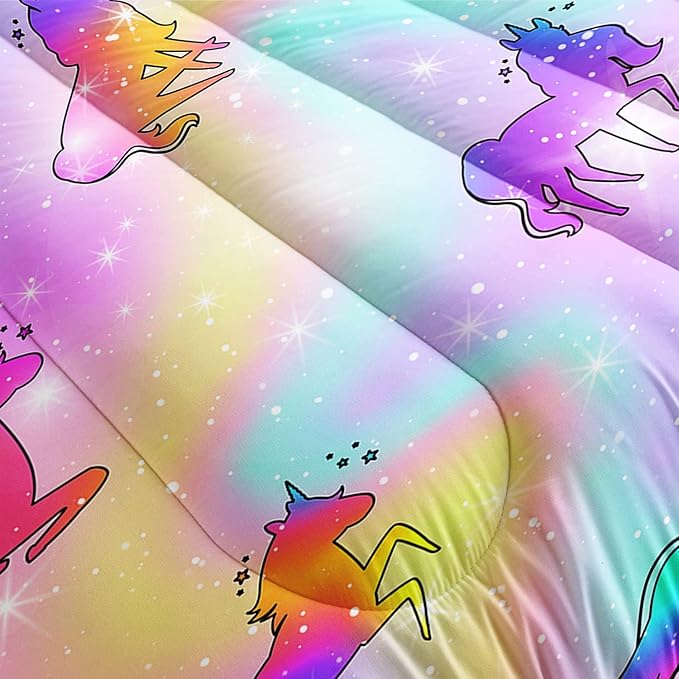 Datura home Unicorn Rainbow Comforter Bedding Set for Girls Kids Children Teens,Sky Glitter Star Colorful Bedding Set with 1 Comforter and 2 Pillowcases(Unicorn3 Queen)
