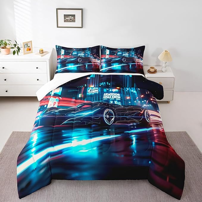 Feelyou City Racing Car Bedding Set Queen Size for Kids Boys Extreme Sport Games Comforter Set Teens Toddler Fast and Furious Duvet Set Cool Modern Quilt Set 3Pcs