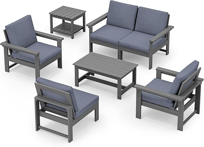 SERWALL HDPE Patio Coversation Set, 7-piece Outdoor Sectional Sofa Set, All Weather Patio Couch Set Patio Furniture for Balcony, Deck, Grey Frame with Grey Cushion