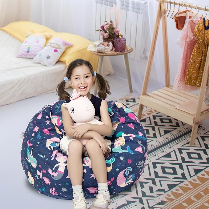 Stuffed Animal Storage Bean Bag Chair Cover, Hold Kids Plush Toys Blankets Towels Beanbag (Cover Only), Canvas Floor Circle Stuff Sit Seat Sofa with YKK Zipper, Large 32",