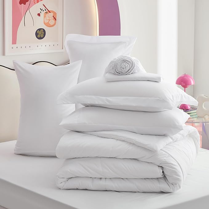 Bedsure White Queen Comforter Set - 7 Pieces Solid Queen Bed in a Bag, Queen Bed Set White with Comforters, Sheets, Pillowcases & Shams