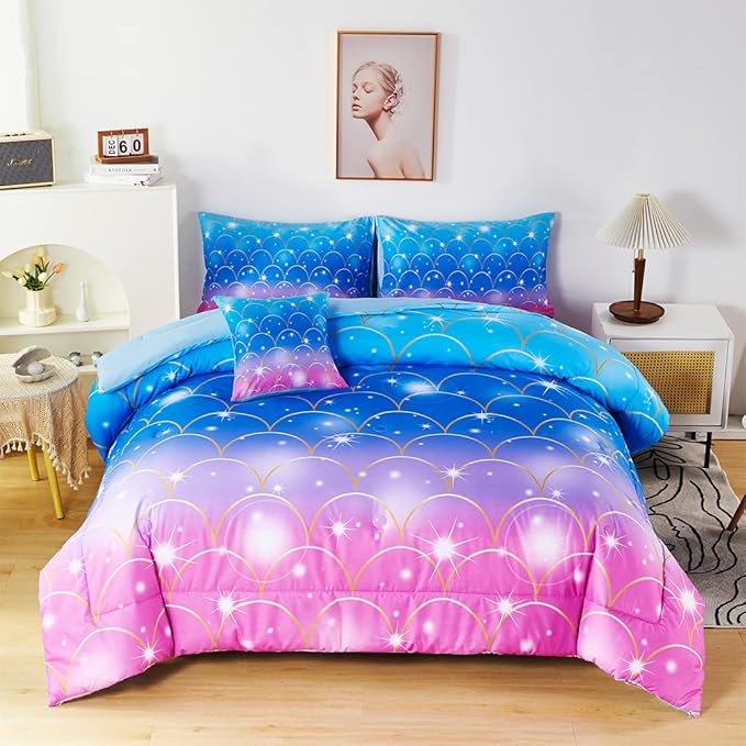 URBONUR 6 Pcs Mermaid Comforter Set Twin Size Gradient Pink and Blue Twin Bedding Sets for Girls/Kids/Teen, Colorful Glitter Printed Bed in a Bag Comforter with Sheet Set