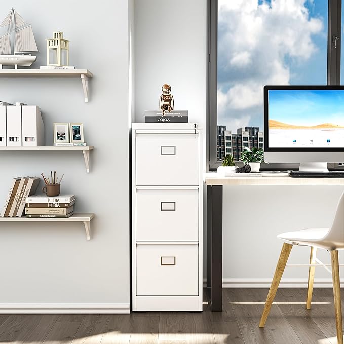 3 Drawer File Cabinet, Metal Vertical File Cabinets with Lock for Home Office, Office Steel Filing Cabinet for Hanging Files for A4/ Legal/Letter,Assembly Required (White)