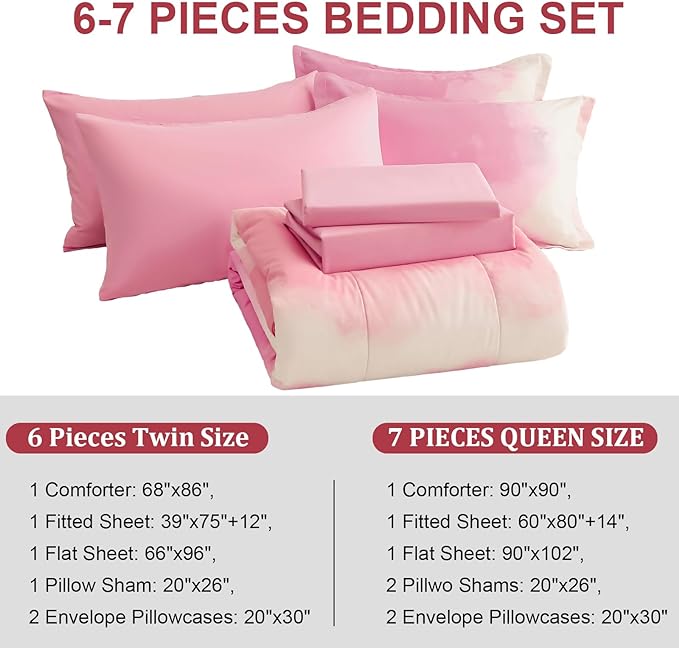 Dinjoy Girls Comforter Set Full Size Colorful Rainbow Ombre Pink Bedding Set Gradient Soft Lightweight 7 Pieces Bed in A Bag for Kids Teen Women(1 Comforter, 1 Flat Sheet, 1 Fitted Sheet)