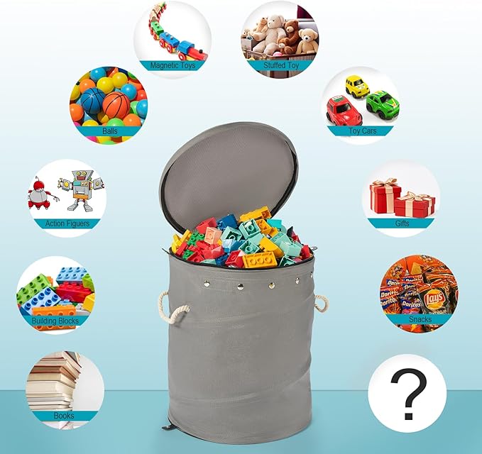Toy Storage Basket and Play Mat for Kids - Foldable Toy Storage Organizer Bins with Lids - Kids Toy Box Chest for Building Blocks, Boys, Girls, Nursery, Playroom, 12.6''x12.6''x15.5''(Grey)