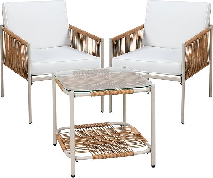 Shintenchi 3 Piece Wicker Patio Furniture Set, Outdoor Furniture Rattan Conversation Set with Two Single Chairs and Coffee Table for Backyard, Balcony, Poolside
