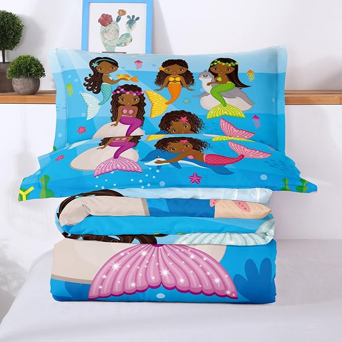 Little Mermaid Bedding, Black Girl Comforter Set Twin Size, Black Mermaid Bedroom Decor for Girls, Princess Twin Bed Set for Kids Teens with 1 Comforter and 2 Pillow Cases