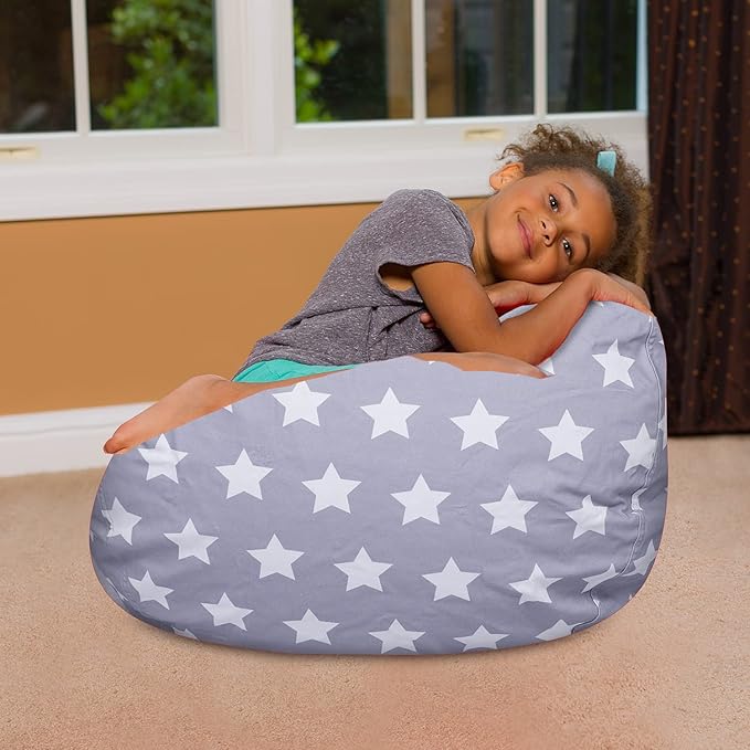 Posh Creations Bean Bag Chair for Kids, Teens, and Adults Includes Removable and Machine Washable Cover, Canvas White Stars on Gray, 27in - Medium