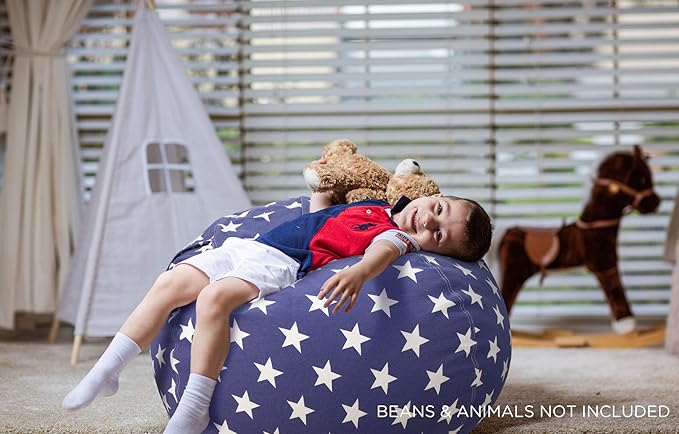 Aubliss Stuffed Animal Storage Bean Bag Chair Cover (No Beans),Stuff and Sit Storage Bean Bag for Kids Toy Storage, Medium 32"-Canvas Stars Royal Blue