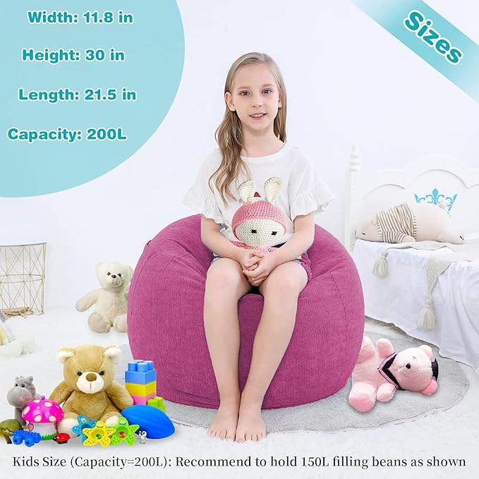 Stuffed Animal Storage Bean Bag Chair Cover (No Filler) for Kids and Adults.Soft Premium Corduroy Stuffable Beanbag for Organizing Children Plush Toys or Memory Foam Small 100L (RoseRed)