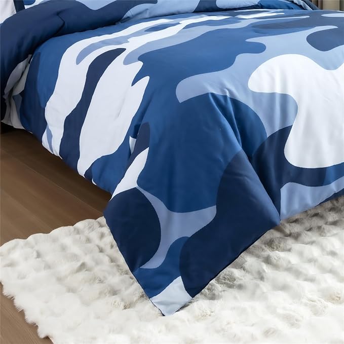Meeting Story Camouflage Bedding Set, Colorful Pattern Style Comforter Set, 3 PCS One Comforter Two Pillowcases Two Sheets in One Bag, All Season Bedspread for Teens Adults (Navy, Queen
