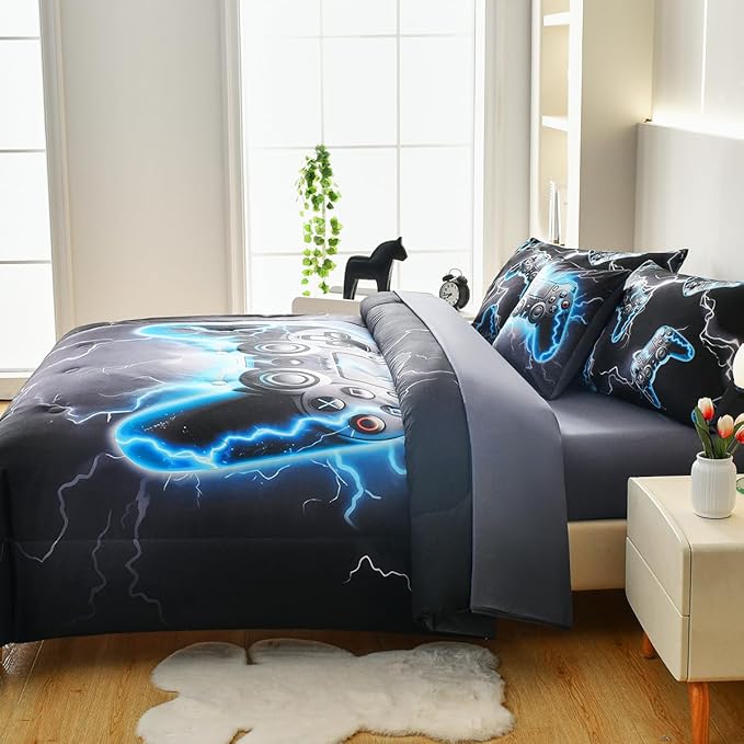 Game Console Twin Comforter Set with Sheets, Microfiber 6 Pcs Bed in A Bag Twin Size Gamer Bedding Set for Boys Kids Teens