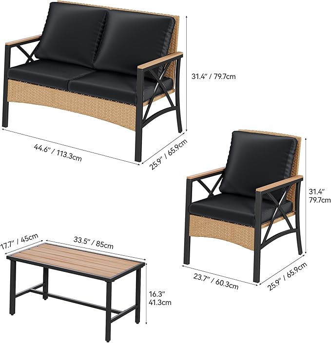 YITAHOME 4-Piece Patio Wicker Furniture Set with Wood Armrest, All Weather Rattan Conversation Furniture Sets for Backyard, Balcony, Deck w/Soft Cushions and Plastic Wood Table (Light Brown+Black)