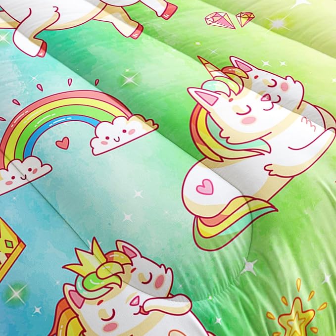 Datura home Kids Unicorn Comforter Set for Girls Boys,Kawaii Rainbow Unicorn Printed Pattern Rainbow Kawaii Bedding Set with 2 Pillowcases(Rainbow Unicorn Twin)