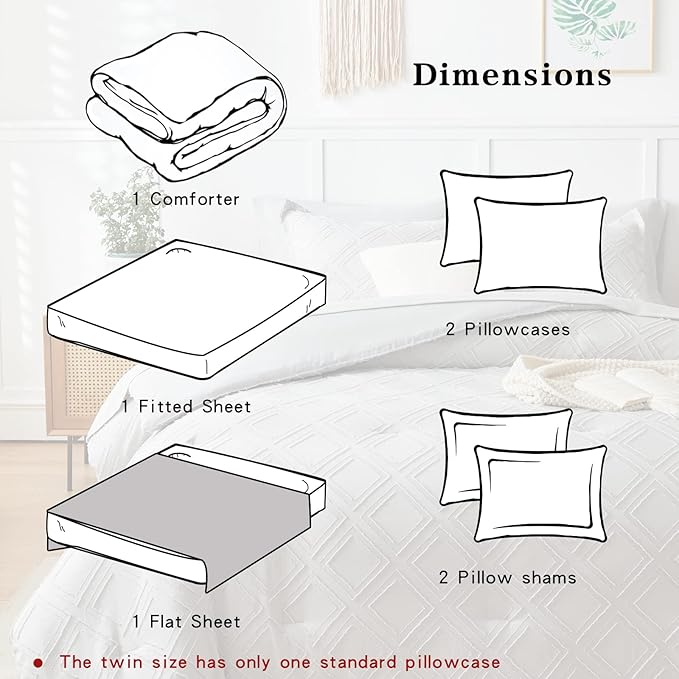 7 Pieces Tufted Bed in a Bag Queen Comforter Set with Sheets Light Grey, Soft and Embroidery Shabby Chic Boho Bohemian, Solid Color with Diamond Pattern, Jacquard Tufts Bedding Set for All Season