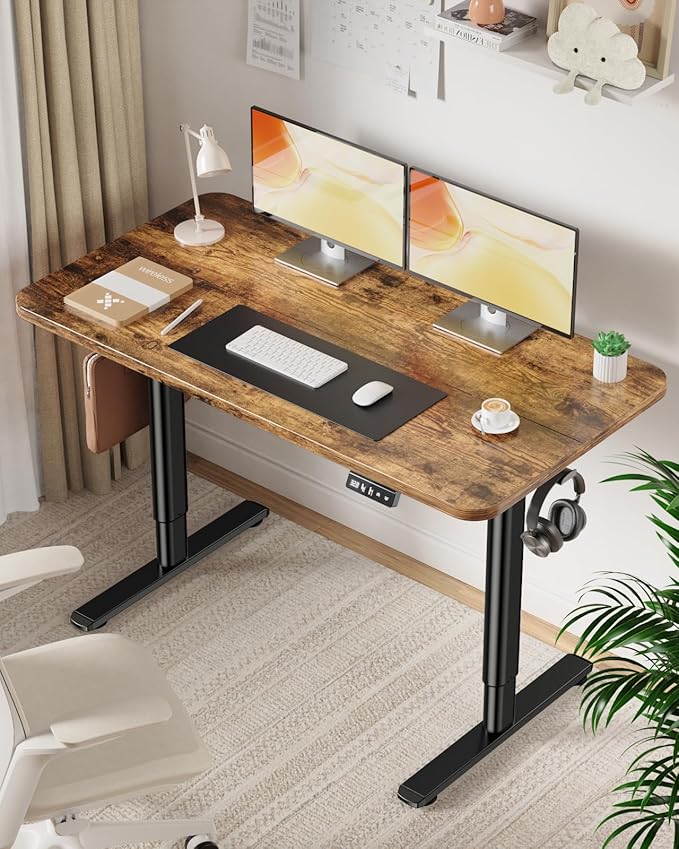 Electric Standing Desk Adjustable Height Stand Up Desk, 48" x 24" Sit Stand Desk, Low Noise Home Office Desk, Computer Desk with Splice Board, Child Lock & Memory Function, Rustic Brown