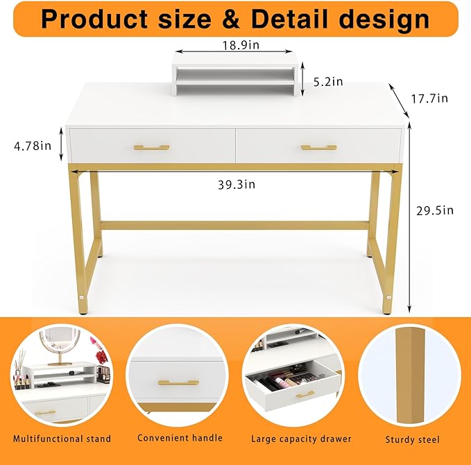 WESTREE Women Makeup Vanity Desk with 2 Drawers - Bedroom Home Office Desk, Wooden Height Monitor Stand & Storage Shelf without Mirror, White Table Great Gift for Her