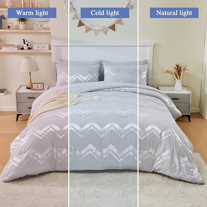 Wowelife 7 Pieces Silver Grey Comforter Set Queen Size Glitter Foil Gray Bedding Set Full Kids Bedroom Comforter Sets with Comforter, Flat Sheet, Fitted Sheet, 2 Pillowcases and 2 Pillow Shams
