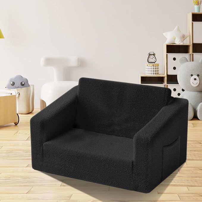 Kids Couch,2-in-1 Toddler Chairs for Boys,Kids Sofa with Storage,Comfortable Kids Sofa Bed,Fun Kids Lounge Chair,Toddler Furniture,Kids Playroom,Children'S Gifts (Black)