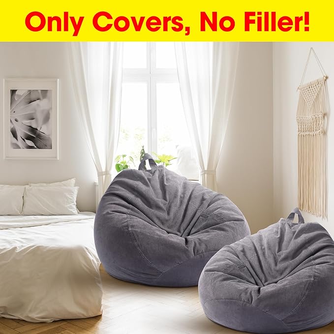2 Pcs Bean Bag Cover Stuffed Animal Storage Bean Bag Chair Cover Soft Corduroy Stuffed Animal Bean Bag Storage for Kids Adults Indoor Bedroom Organizing Plush Toys(Dark Grey, 200L)