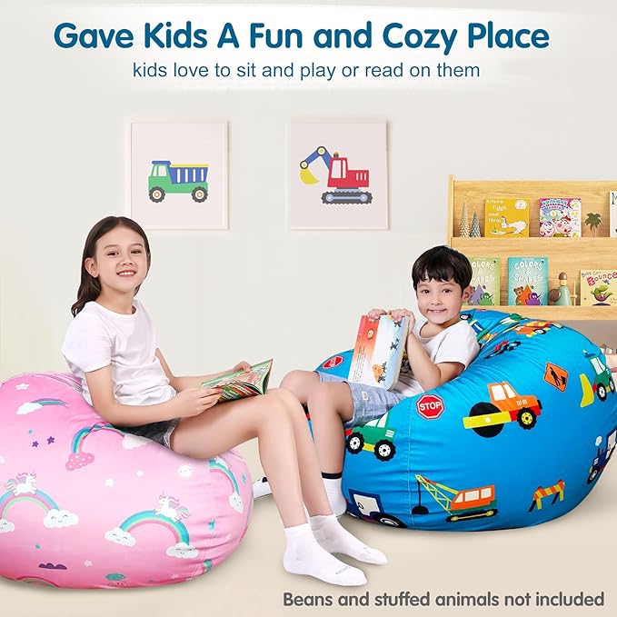 Lukeight Stuffed Animal Storage Bean Bag Chair Cover for Kids, Zipper Beanbag Chair Cover for Organizing Toddler & Kids' Rooms Plush Toys (Construction Velvet, XX-Large)