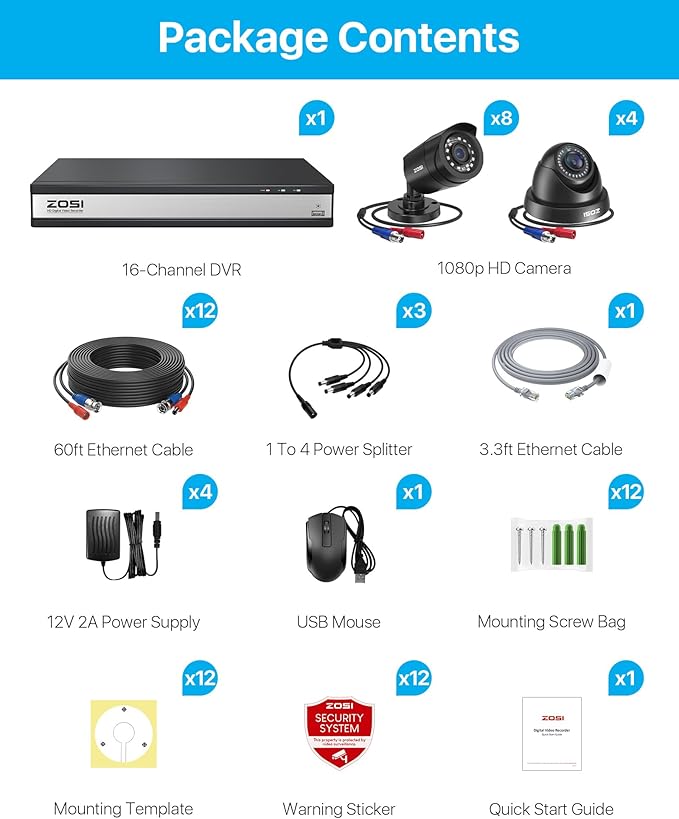 ZOSI 16CH 3K Lite Security Camera System with 2TB HDD,AI Human/Vehicle Detection,Night Vision,Remote Access,H.265+ 16 Channel 5MP Lite HD-TVI DVR with 12PCS 1080P Outdoor Indoor Surveillance Cameras