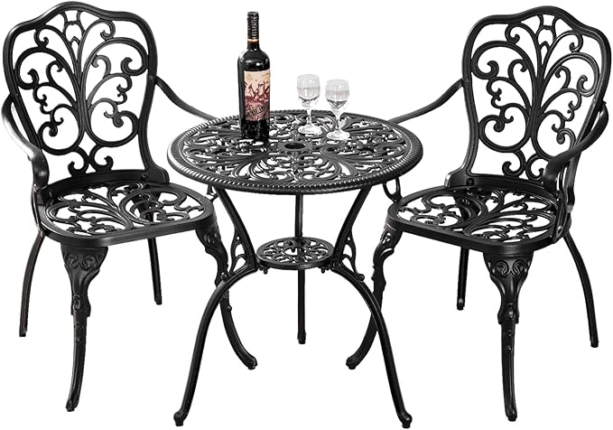 Bistro Table and Chairs Set of 2 with Umbrella Hole,Cast Aluminum Patio Bistro Sets 3 Piece,Outdoor Bistro Table Set,Patio Furniture Set for Front Porch Set,Garden(Butterfly Black)