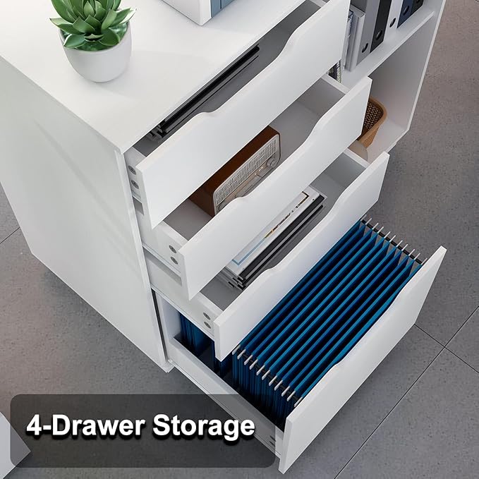 4 Drawers Lateral File Cabinets, Wood Filing Cabinet, Printer Stand with Open Storage Shelves for Home Office, 6 Compartments, White
