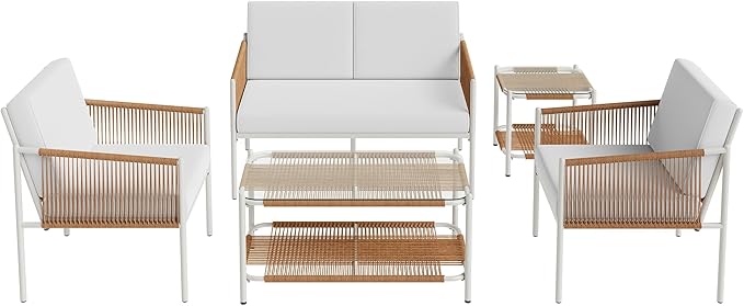 Shintenchi 5 Piece Wicker Outdoor Patio Furniture Set, White Metal Sofa Conversation Set, including Loveseat, Two Single Chairs and Two Coffee Tables for Backyard, Patio, Balcony, Poolside
