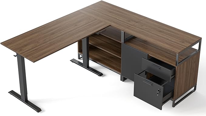 FEZIBO 66 Inch Executive L Shaped Standing Desk with 2-Drawer File Cabinet, Electric Height Adjustable Stand up Desk, Home Office Modern Wood Computer Desk with Shelves, Black Frame/Dark Walnut Top