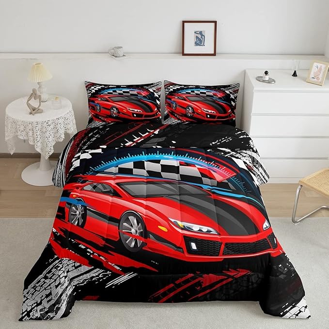 Car Bedding Set for Boys Cool Racing Sports Car Comforter Cover for Kids Children Extreme Sports Theme Comforter Modern Red Automobile Duvet Set Room Decor 1 Comforter with 2 Pillow Case Full Size