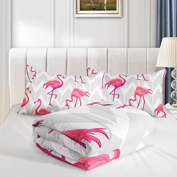 Flamingo Comforter Set Queen Size Tropical Flamingo Geometric Stripe Bedding Set Flamingo Quilted Duvet for Kids Girls Boys Adult with 1 Comforter and 2 Pillowcases