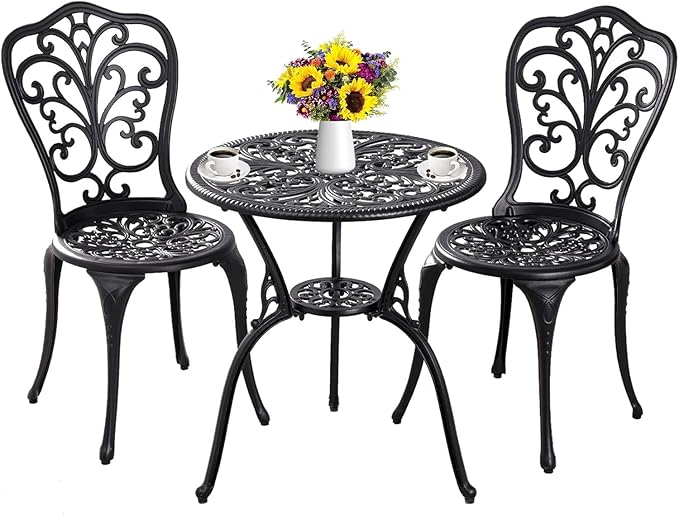 Outdoor Bistro Set 3 Piece Patio Bistro Set, Cast Aluminum Bistro Table and Chairs Set of 2, Small Patio Table Set for Porch, Black