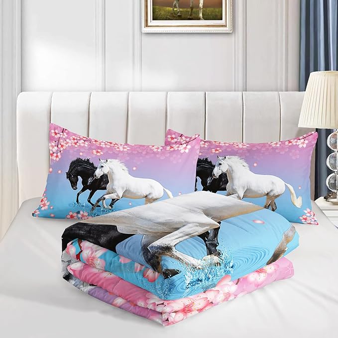 Kid Horse Comforter Set Room Floral Animal Theme Handsome Horse Chic Cherry Blossom Bedding Set 3D Wild Animal Decor Quilt Set for Girls Adult, 1 Comforter + 2 Pillowcases