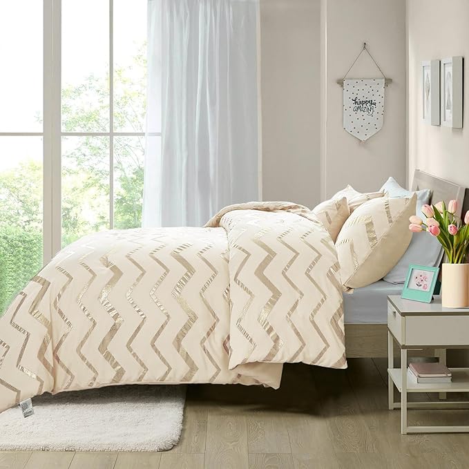Girls Comforter Set Twin Size Cream Bedding Set Cute Metallic Gold Bed Comforter 3 Piece Lightweight Microfiber Comforter for Kids Teen