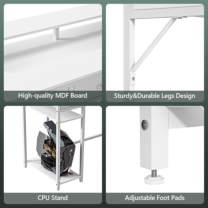 Computer Desk with Drawers and Storage Shelves, Home Office Desk with LED Lights & Power Outlets, Gaming Desk with Monitor Stand, Writing Study Desk, Kids Small Desk for Bedroom, White