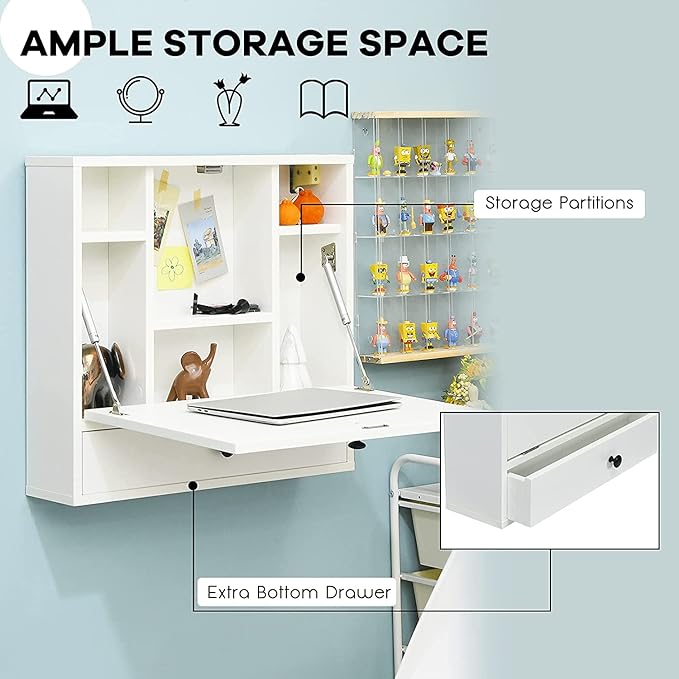 2 in 1 Foldable Tabletop, Folding Wall Mount Laptop Storage Compartments Space Saving Floating Desk, Small, White